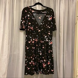 Pink & Black V-Neck Flutter Sleeve Mini Dress